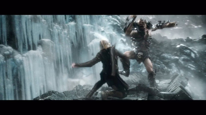 Legolas, elvish Prince of the Friendzone, fighting an orc named Bolg.